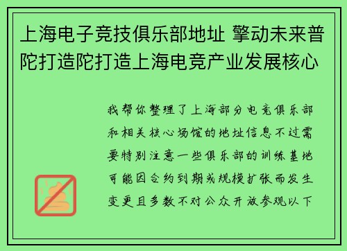 上海电子竞技俱乐部地址 擎动未来普陀打造陀打造上海电竞产业发展核心承载区